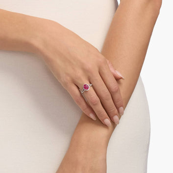 Oval Ruby and Diamond Halo Split Shank Ring in 14k White Gold (9x7mm)