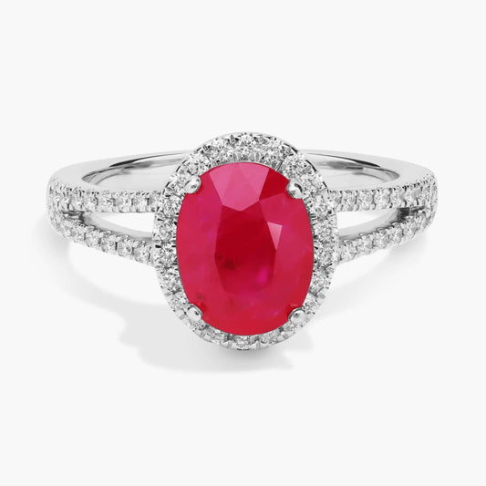 Oval Ruby and Diamond Halo Split Shank Ring in 14k White Gold (9x7mm)